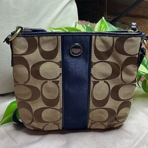 Coach Signature Tan and Navy Crossbody Bag